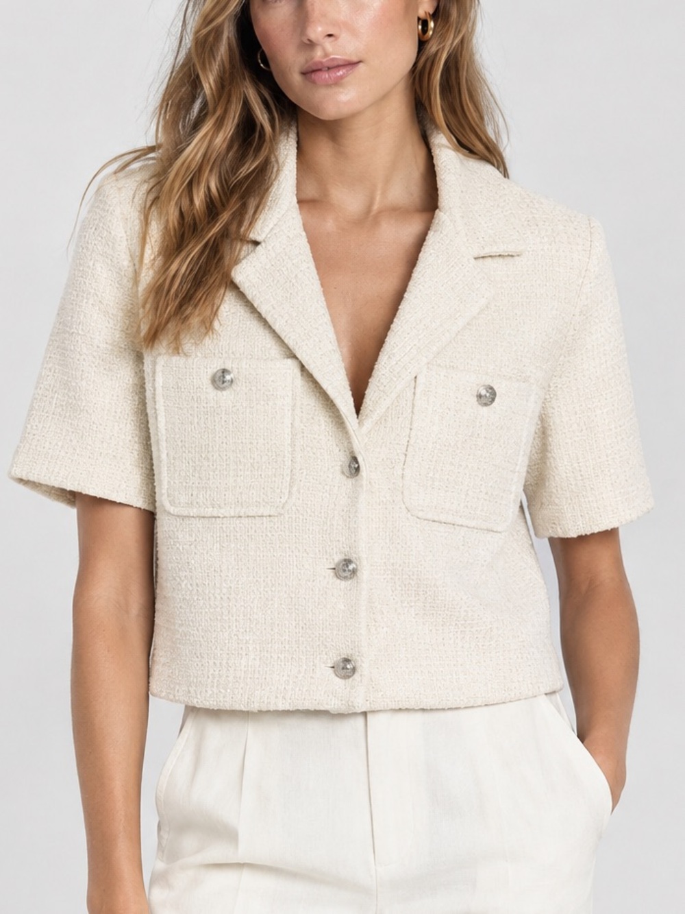 AQUA Bloomingdale’s Cream Tweed Short Sleeve Blazer